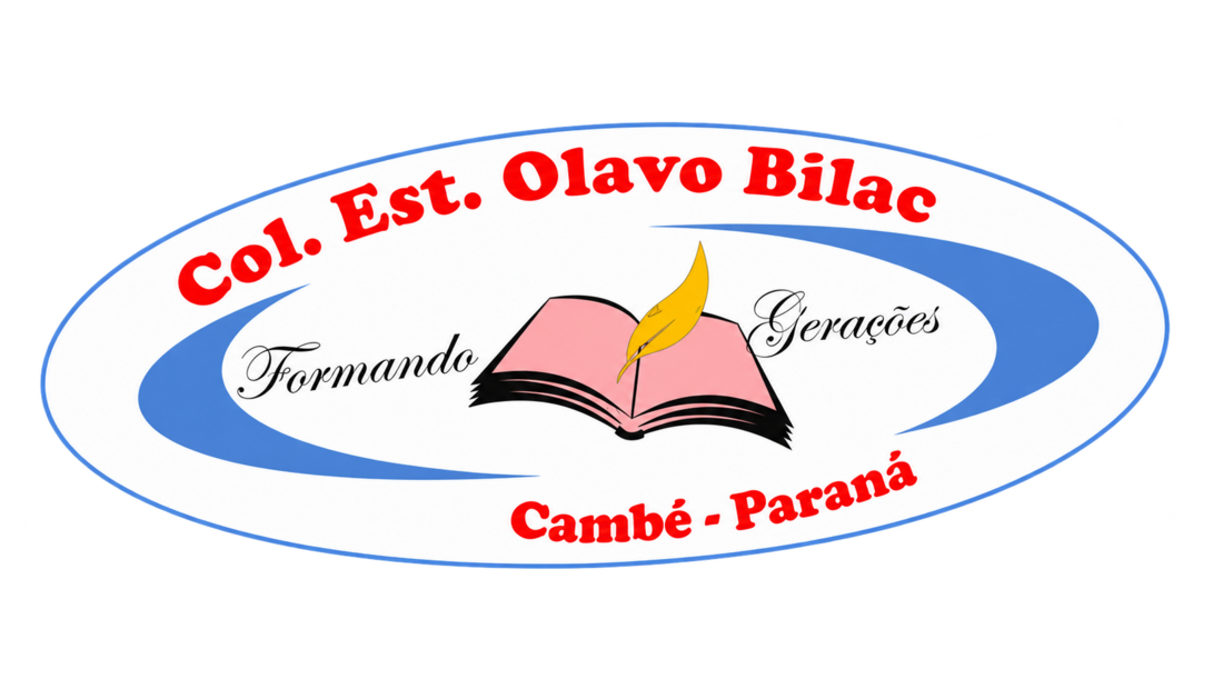 Logomarca do Colégio Estadual Olavo Bilac, com livro aberto e chama ao centro, as expressões Formando Gerações e Cambé, Paraná.