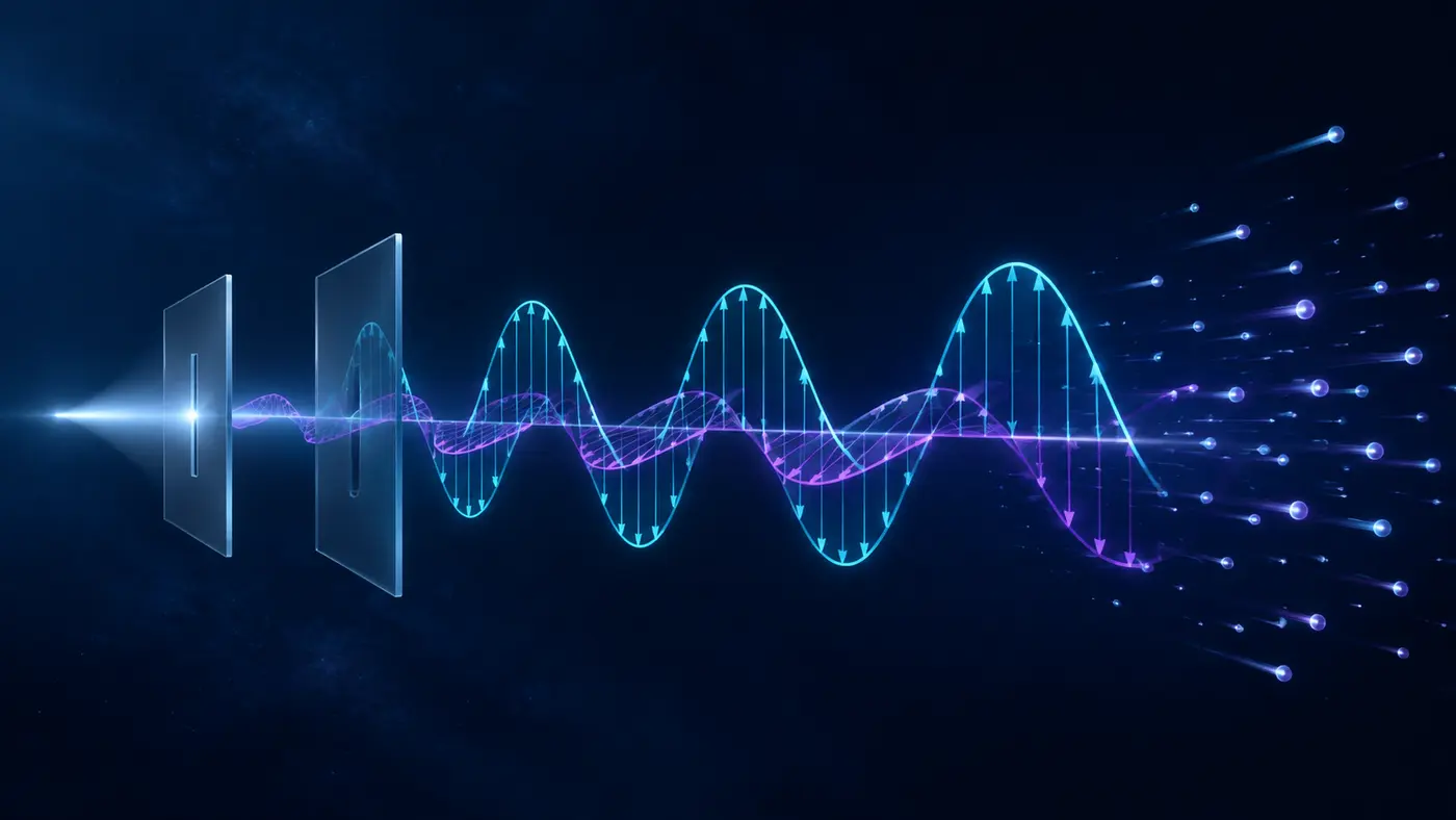 Ilustração didática em fundo azul-escuro: duas ondas luminosas, uma ciano e outra violeta, propagam-se da esquerda para a direita, acompanhadas por pontos brilhantes que representam fótons.