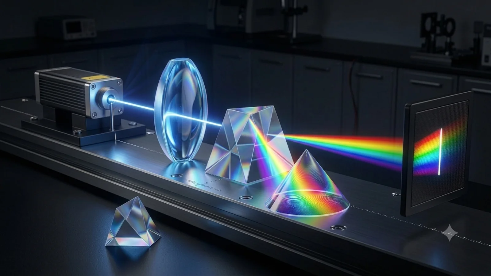 Bancada óptica escura: um feixe branco sai de uma fonte de laser, atravessa uma lente convergente e um prisma triangular de vidro, e se decompõe em um leque de cores do vermelho ao violeta projetado sobre um anteparo à direita.