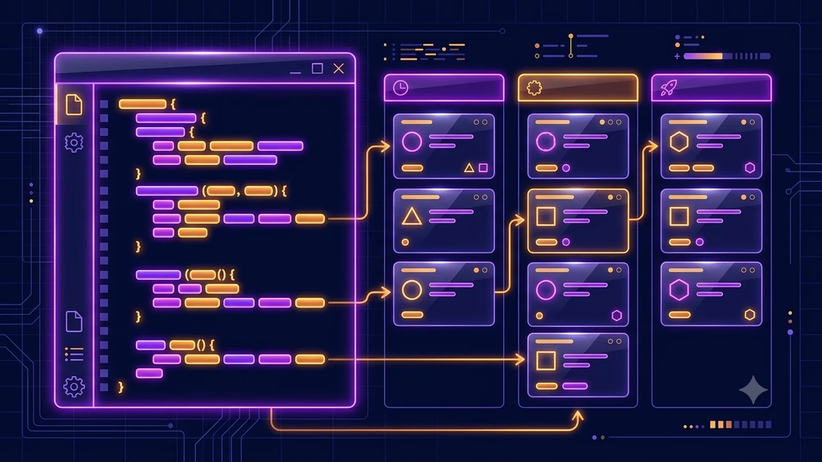 Interface conceitual em violeta e âmbar sobre fundo azul-escuro: à esquerda, uma janela de editor com blocos de código; à direita, um quadro de projeto com cartões distribuídos em três colunas ligados por setas de fluxo.