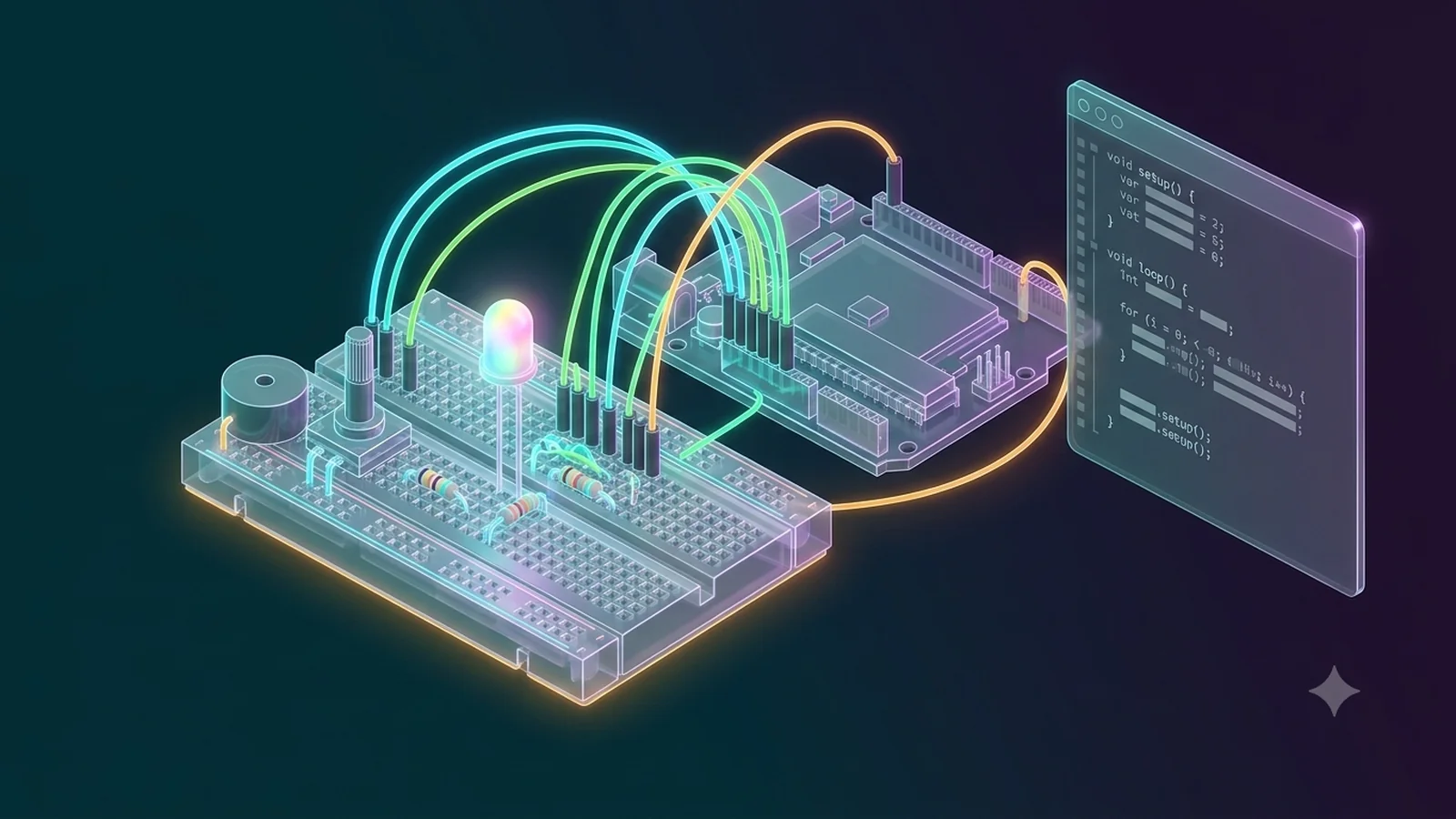 Montagem isométrica em fundo escuro: uma placa microcontroladora ligada por jumpers ciano, verdes e âmbar a uma protoboard com LED RGB aceso, resistores, potenciômetro e buzzer, ao lado de uma janela de editor de código.
