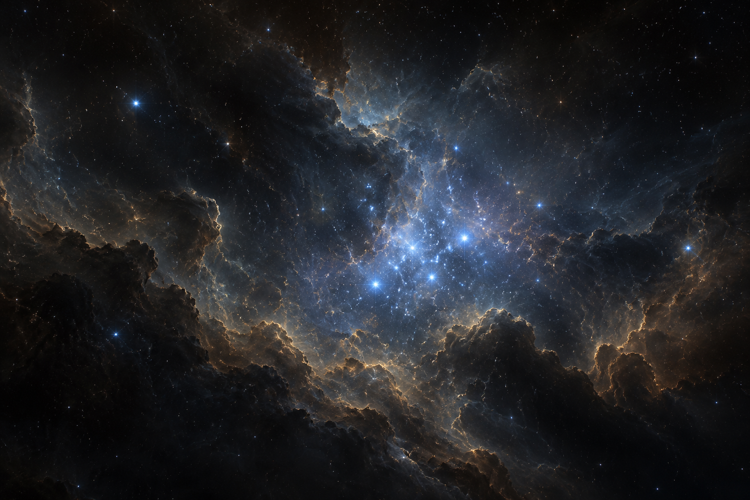 Representação artística realista de estrelas brilhantes azuladas e brancas surgindo em grandes nuvens de gás cósmico, com regiões escuras e reflexos dourados.