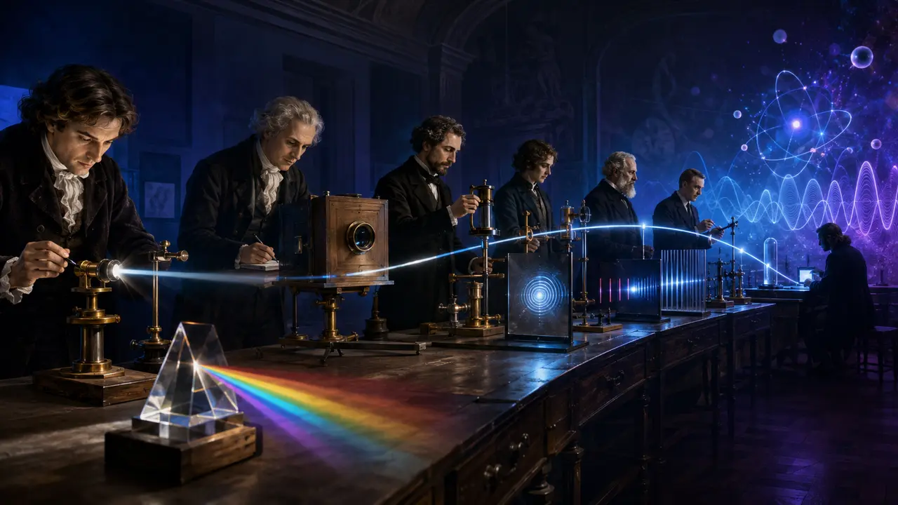 Ilustração realista de um laboratório histórico de óptica com pesquisadores de diferentes épocas, prismas, câmara escura, interferência luminosa e ondas eletromagnéticas.