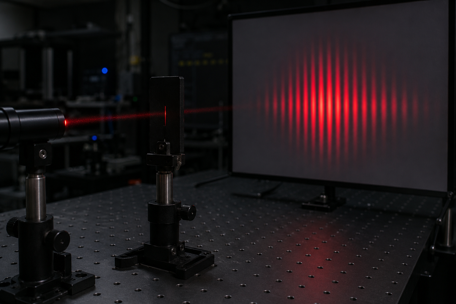 Ilustração realista de uma bancada moderna de óptica com laser vermelho, suporte de dupla fenda e anteparo com franjas luminosas alternadas com regiões escuras.