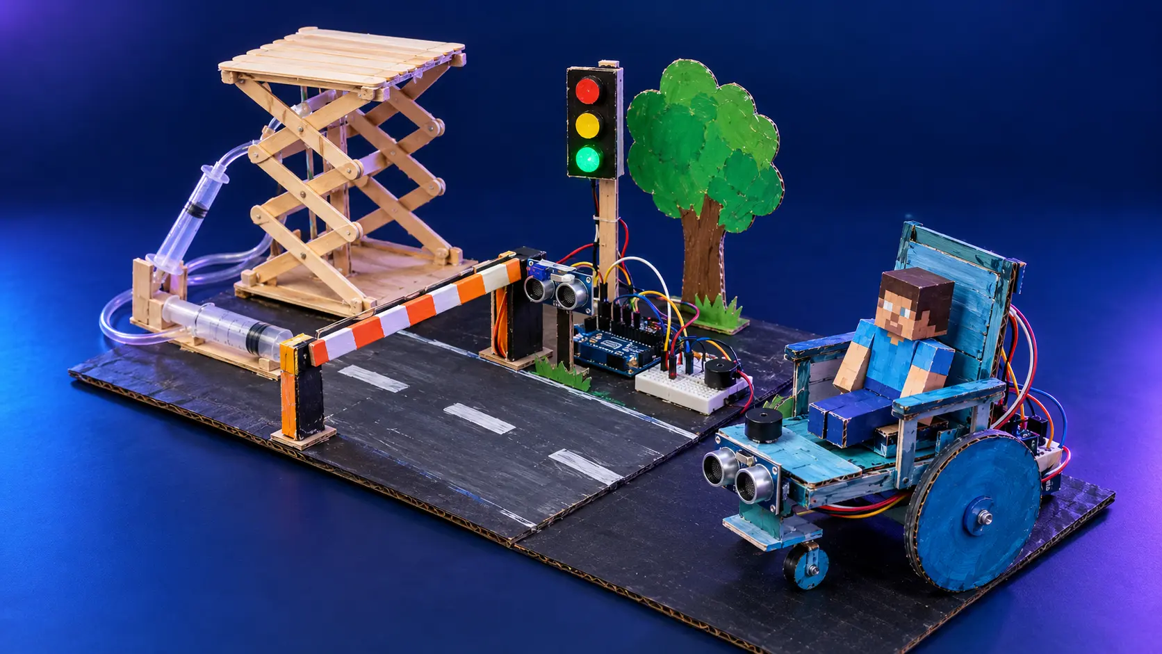 Imagem ilustrativa realista, em fundo azul-escuro, de uma maquete artesanal completa. À esquerda há um elevador pantográfico de palitos acionado por seringas e mangueira. Ao centro, uma pista de papelão com cancela automática, sensor ultrassônico, semáforo e árvore. À direita, uma cadeira de rodas azul de papelão com boneco em blocos, sensor ultrassônico dianteiro, buzzer, fios, Arduino e protoboard.