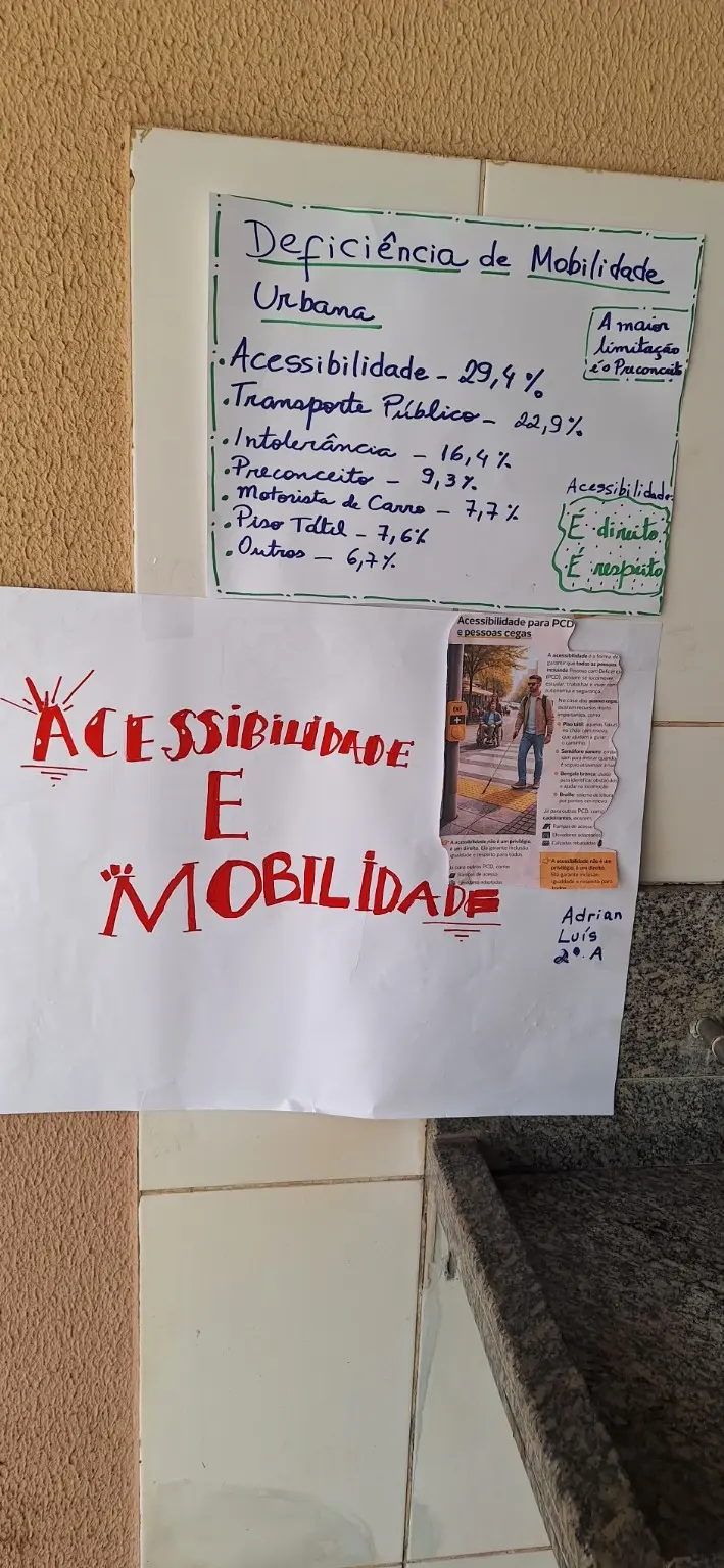 Fotografia vertical de dois cartazes. O superior apresenta o título Deficiência de Mobilidade Urbana e uma lista de fatores relacionados a acessibilidade, transporte público, intolerância e piso tátil. O cartaz inferior destaca, em letras vermelhas, Acessibilidade e mobilidade e inclui uma pequena matéria impressa sobre pessoas cegas.