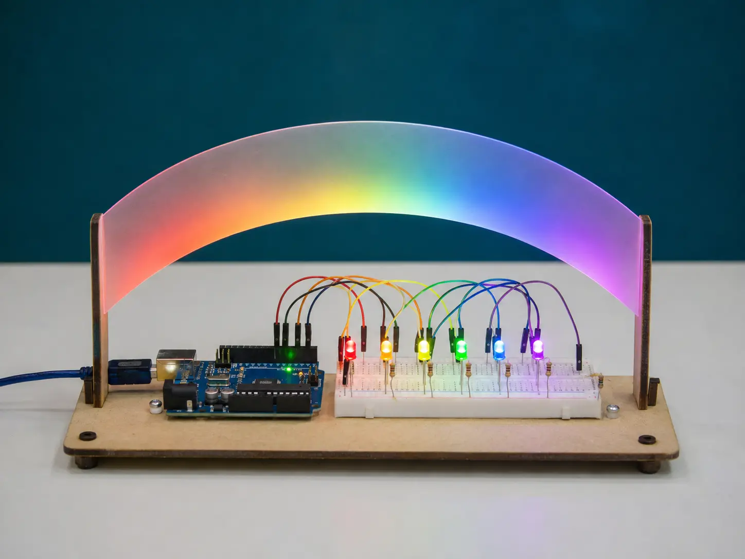 Protótipo inteiro de arco-íris luminoso, com Arduino, protoboard, seis LEDs coloridos, fios e arco difusor sobre base de MDF; não há pessoas.