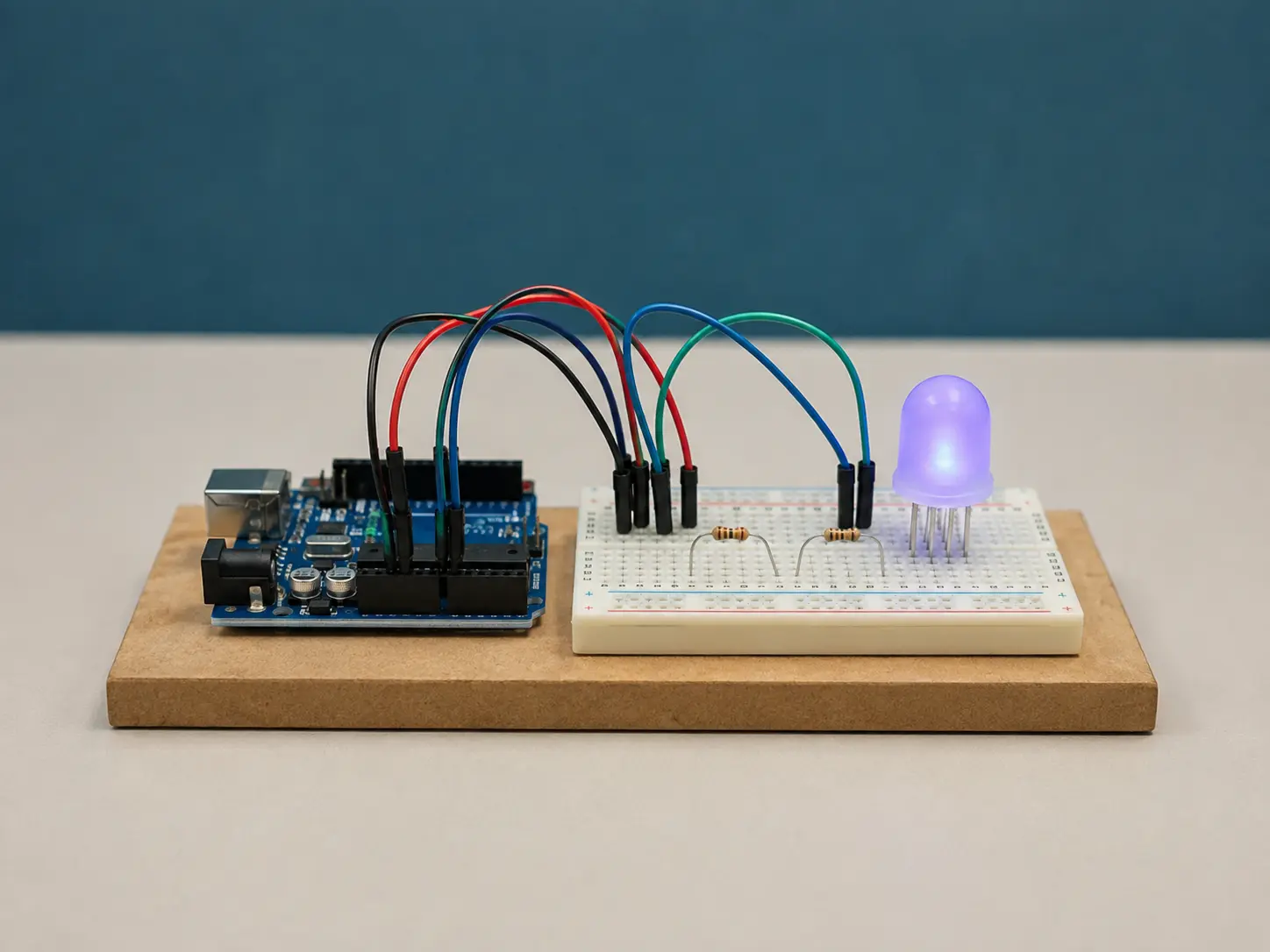Protótipo inteiro de LED RGB sobre base de MDF, com Arduino, protoboard, resistores, fios coloridos e LED violeta aceso; não há pessoas.