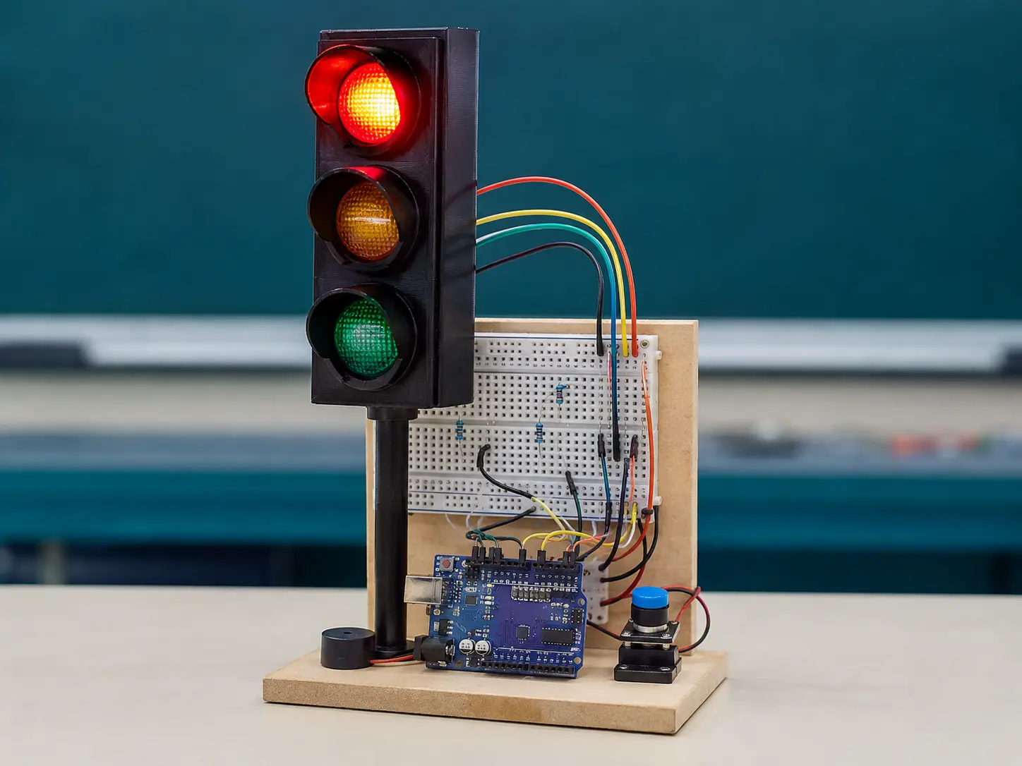 Protótipo inteiro de semáforo inclusivo sobre base de MDF, com luz vermelha acesa, Arduino, protoboard, fios, buzzer e botão azul; não há pessoas.