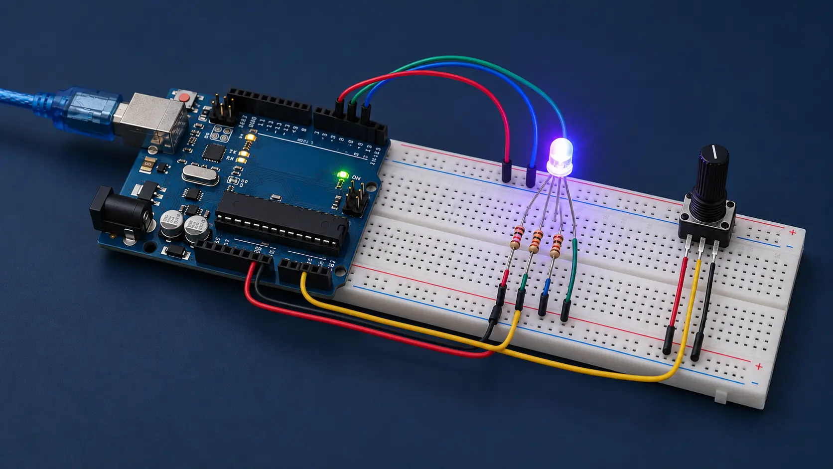 Imagem ilustrativa fotográfica do trabalho Arco-íris da 2ª Série A: placa Arduino azul à esquerda, ligada por fios coloridos a uma protoboard branca com LED RGB violeta, três resistores e potenciômetro; o circuito ocupa uma bancada azul-escura e não há pessoas.
