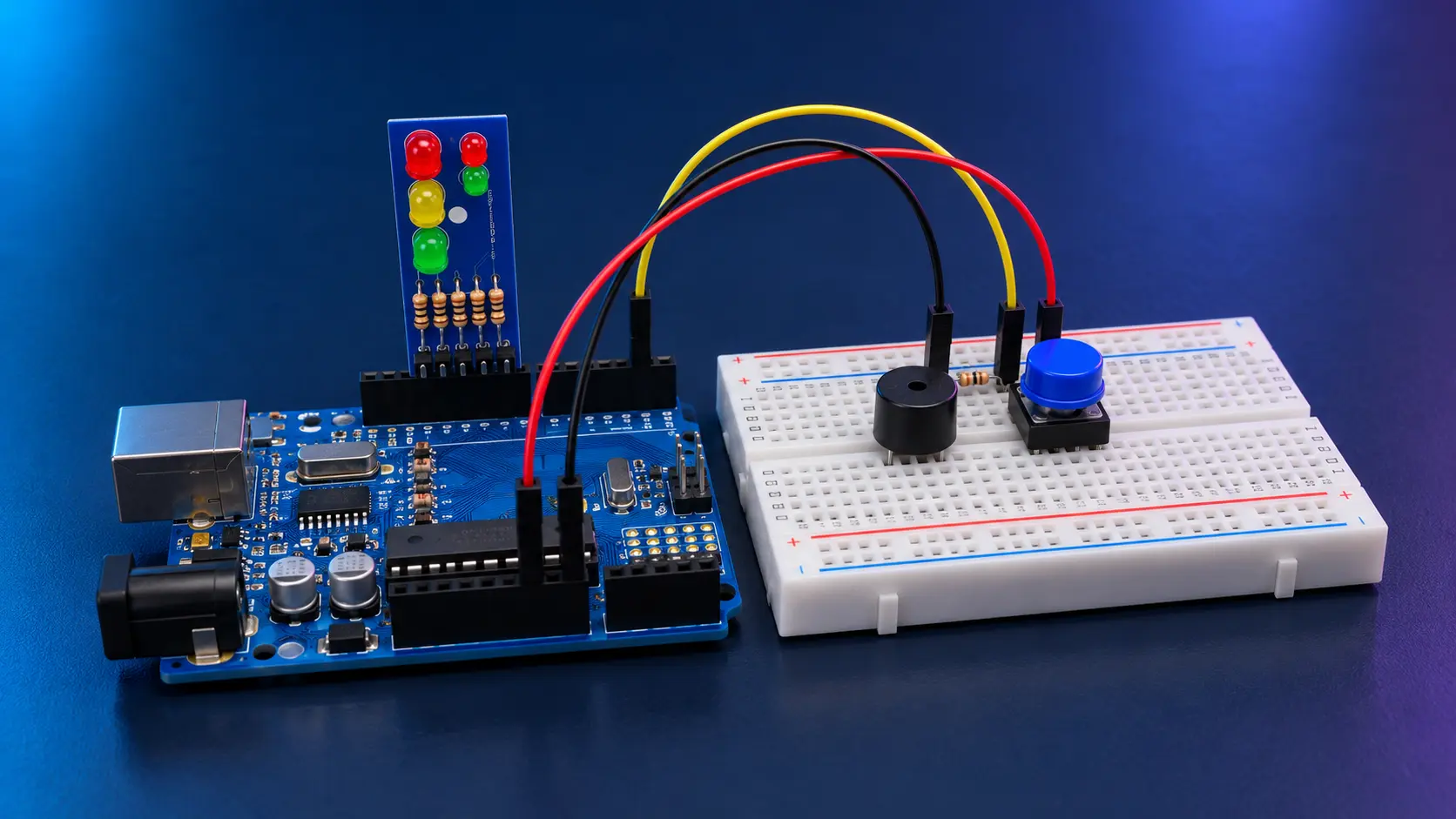 Imagem ilustrativa fotográfica do trabalho da 2ª Série A: Arduino Uno azul à esquerda, Módulo Semáforo de 5 LEDs P21 em placa azul, protoboard branca, botão azul, buzzer preto e jumpers vermelhos, amarelos e pretos sobre bancada azul-escura; não há pessoas.